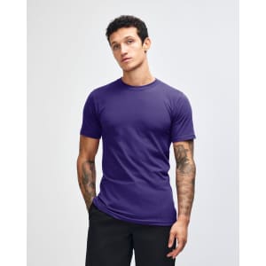 A purple unisex fine jersey short sleeve t-shirt is displayed, featuring a logo on the front.