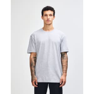 A woman wearing a grey unisex fine jersey short sleeve t-shirt. The shirt features a logo on it.