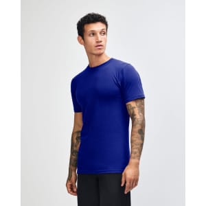 A unisex fine jersey short sleeve t-shirt in navy blue, displayed from the side. Features a logo.