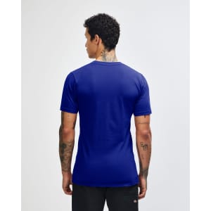 A blue unisex short sleeve T-shirt viewed from the back, featuring a plain design and a round neckline.