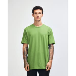 A green unisex short sleeve T-shirt displayed on a male model, featuring a simple design and a logo.