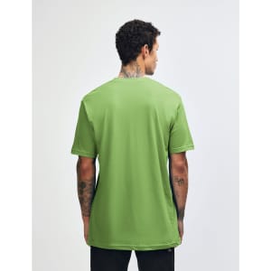 A green unisex short sleeve t-shirt with a back view, featuring a logo on the lower side.