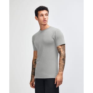 A grey unisex short sleeve t-shirt is displayed, featuring a simple design and a logo.
