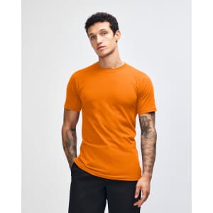 An orange unisex short sleeve t-shirt with a round neck and a branding logo.