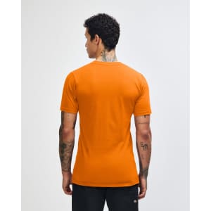 An orange unisex short sleeve t-shirt featuring a logo on the back.