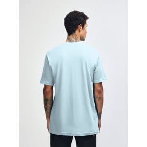 A light blue unisex short sleeve t-shirt viewed from the back, featuring a subtle logo on the upper back.