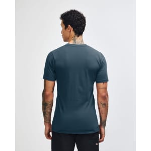 A unisex short sleeve t-shirt in dark navy blue, featuring a plain back view and a logo.