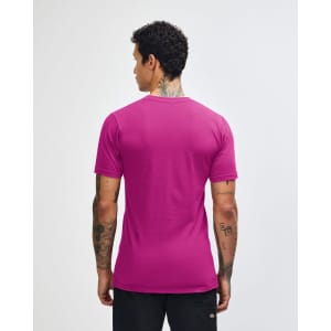A unisex fine jersey short sleeve t-shirt in vibrant purple, featuring a logo on the back.