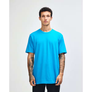 A unisex fine jersey short sleeve T-shirt in bright blue, featuring a logo on the front.