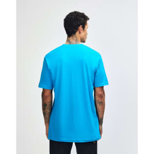 A turquoise unisex fine jersey short sleeve T-shirt with a plain back view and a logo on the back.