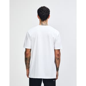 A white unisex short sleeve t-shirt, featuring a simple design and a logo on the back.