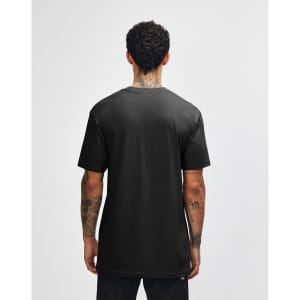 A black unisex CVC short sleeve t-shirt displayed from the back, featuring a simple design and no visible branding.