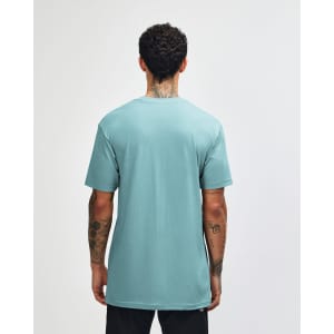 A unisex short sleeve t-shirt in light teal, featuring a plain back and a branding logo.