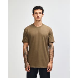 A unisex short sleeve t-shirt in a muted brown colour, featuring a simple design and a logo.