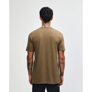 A unisex short sleeve t-shirt in a light brown hue, featuring a simple design and a logo on the back.