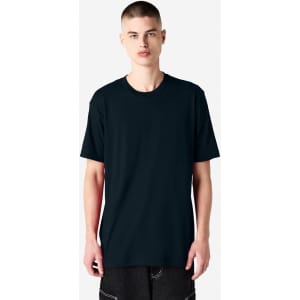 A unisex short sleeve T-shirt in a dark navy colour, featuring a simple design and a logo.