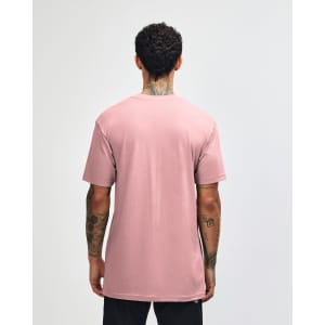 A unisex short sleeve T-shirt in a soft pink colour, featuring a simple design and a visible logo.