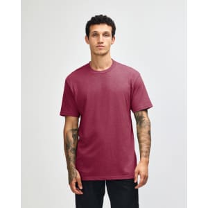 A unisex short sleeve T-shirt in burgundy with a simple design and a logo.