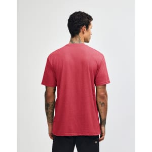 A unisex short sleeve t-shirt in a deep red colour, featuring a simple design and a logo on the back.