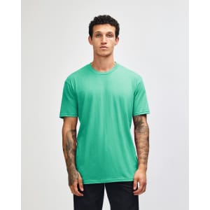 A solid mint green unisex short sleeve T-shirt on a model, featuring a logo on the chest.