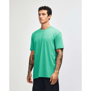 A unisex short sleeve t-shirt in a vibrant mint green colour, featuring a logo on the front.