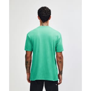 A mint green unisex short sleeve t-shirt with a plain back and a logo on the upper side.