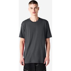 A unisex short sleeve t-shirt in dark grey, featuring a simple design and a logo on the front.