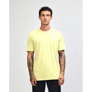 A unisex short sleeve T-shirt in vibrant yellow, featuring a simple design and a branding logo.