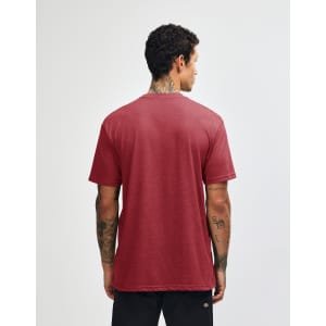 A unisex short sleeve t-shirt in a deep red colour, featuring a plain back and a logo.