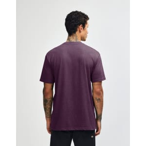 A unisex short sleeve t-shirt in a rich purple colour, featuring a simple design with a logo on the back.