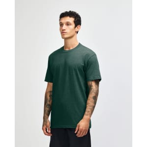 A unisex short sleeve T-shirt in forest green, featuring a simple cut and a logo on the tag.