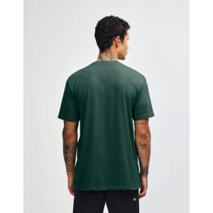 A unisex short sleeve t-shirt in dark green, featuring a plain back and a simple design.