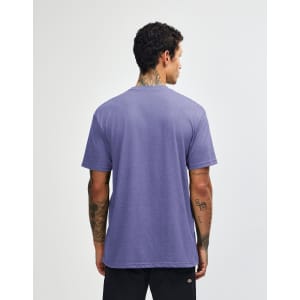 A unisex short sleeve T-shirt in purple, shown from the back, featuring a label on the neckline.