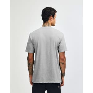 A grey unisex CVC short sleeve T-shirt viewed from the back, featuring a logo.