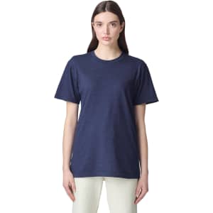 A unisex navy short sleeve t-shirt displayed on a model. The shirt features a simple design and has a branding logo.