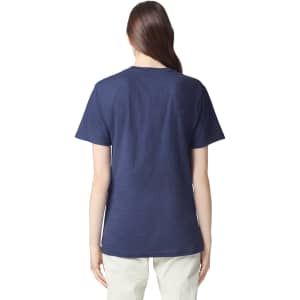 A unisex short sleeve t-shirt in navy blue, featuring a plain back design and a simple logo at the neck.
