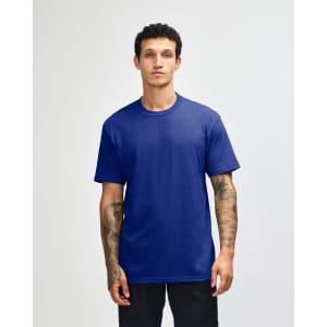 A plain blue unisex short sleeve t-shirt with a relaxed fit and a logo on the front.