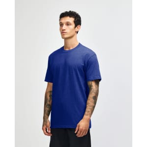 A unisex short sleeve T-shirt in royal blue, featuring a plain design and a logo on the chest.