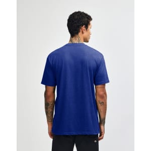 A blue unisex CVC short sleeve t-shirt with a plain back view, featuring a logo.