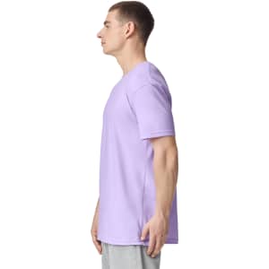 A unisex short sleeve t-shirt in a light purple colour, featuring a logo on the front.