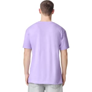 A unisex short sleeve t-shirt in lavender, displayed from the back, featuring a logo.