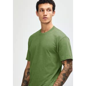 A unisex short sleeve T-shirt in olive green, featuring a simple design and no visible logos.