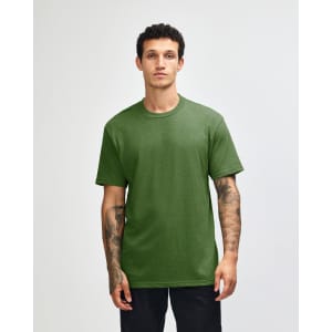 A green unisex short sleeve t-shirt displayed on a model with short hair, featuring a logo on the shirt.