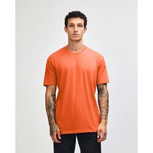 An unisex short sleeve T-shirt in vibrant orange, featuring a simple design and crew neck. It has a logo.