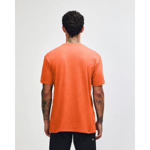Unisex short sleeve T-shirt in vibrant orange, featuring a simple design with a logo on the back.