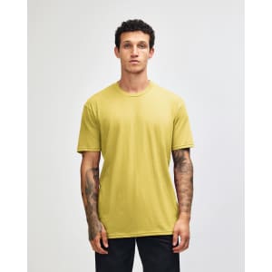 A unisex short sleeve t-shirt in a vibrant yellow colour, featuring a plain design and a logo.