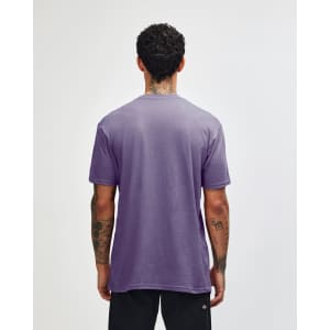 A unisex short sleeve T-shirt in a purple shade, featuring a simple design and a logo on the back.