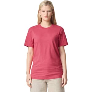 A unisex short sleeve T-shirt in a vibrant pink colour, featuring a logo on the front.