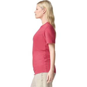 A side view of a unisex short sleeve t-shirt in a vibrant red colour, featuring a simple design and a logo.