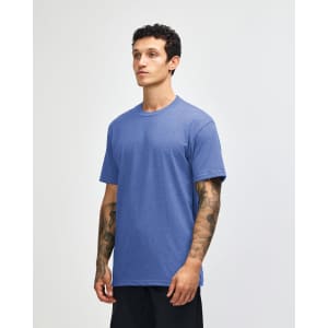 A unisex short sleeve t-shirt in a vibrant blue colour, featuring a simple design and a logo on the front.